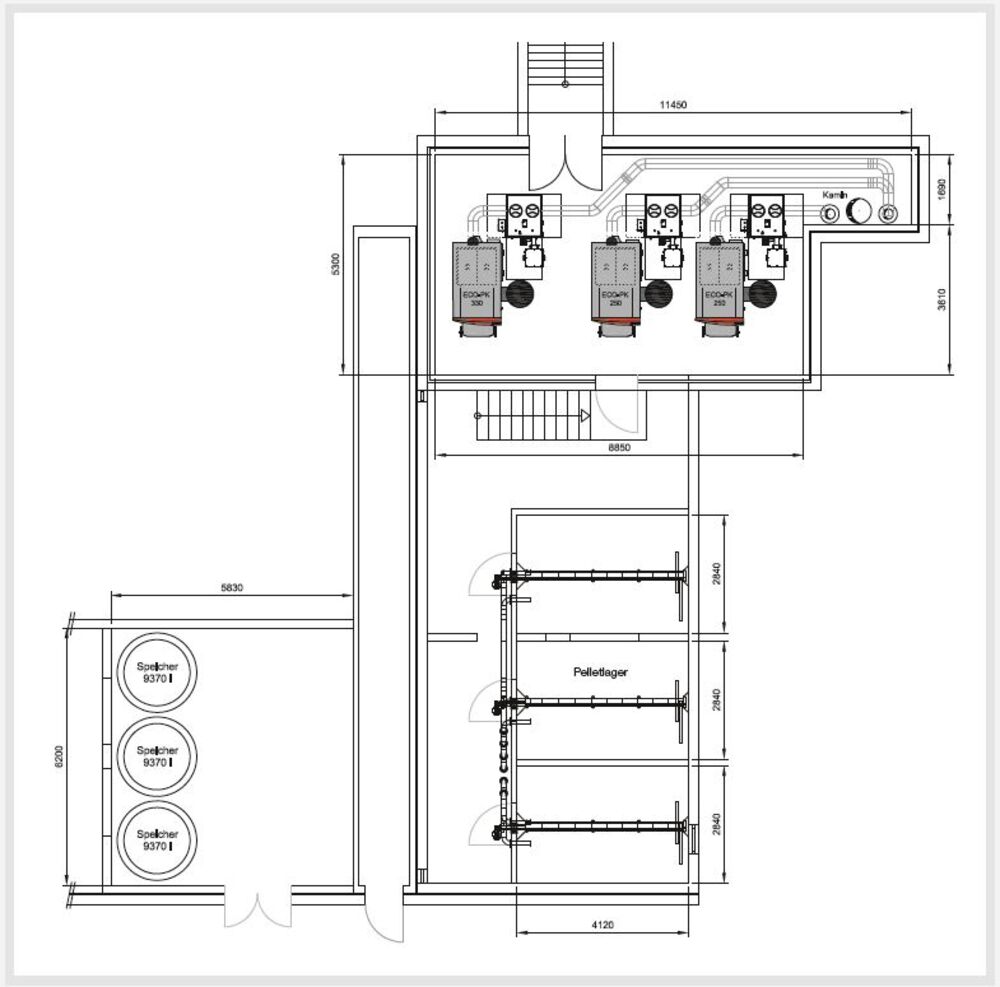 Kompakte Lösung: Heizkessel, Speicher und Pelletlager im bestehenden Technikbereich – mit genügend Platz für Wartung und Unterhalt.